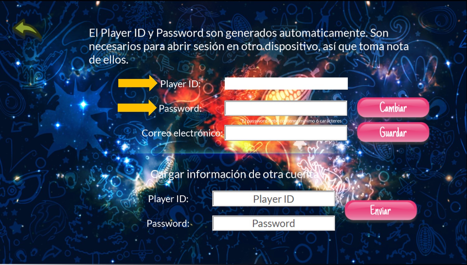 Pantalla de configuración con PlayerID